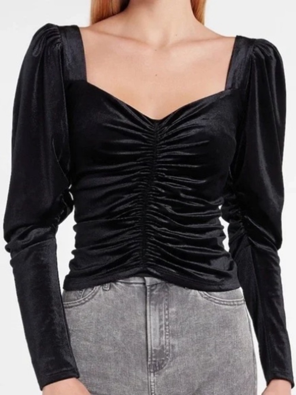 Express Longsleeve V-Neck Ruched Crop Velvet Top Blouse X-Small Puff sleeves